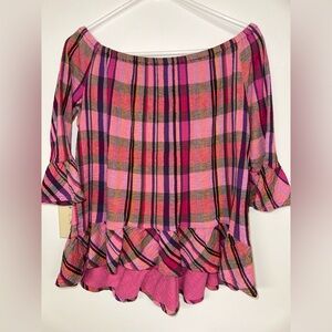 Beach Lunch Lounge Peplum Top Size L Purple Pink Plaid 3/4‎ Bell Sleeves